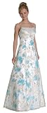 Beaded Floral Princess Cut Evening Dress. (lm-c2261a)Blue flowers on gorgeous, spaghetti strapped white dress, flowers accentuated with beads.Blue, Size 12