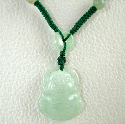 Jade Laughing Buddha Necklace on Green Cord adjustable from 14 - 26 in length, #9388