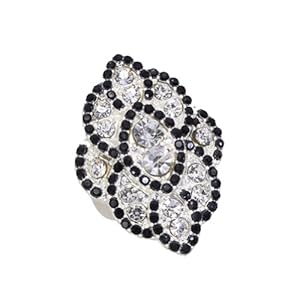 Matte Silver Plated Vintage Style Pave Fashion Strech Ring With Clear Crystals and Black Beads