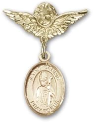 Gold Filled Baby Badge with St. Dennis Charm and Angel with Wings Badge Pin