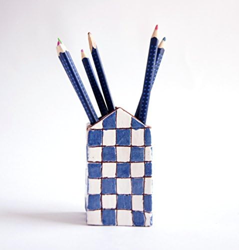 White And Blue Ceramic Desk Pen Pencil Holder Cup Desk Organizer 4.5"