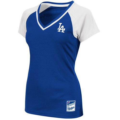 MLB Los Angeles Dodgers Women's Short Sleeve Raglan Deep V-Neck Synthetic Tee (Deep Royal/White/White, Large)