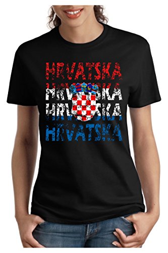 OM3 – HRVATSKA – Damen T-Shirt tailliert – CROATIA EM 2016 FRANKREICH FRANCE FUSSBALL FANSHIRT SOCCER SPORT TRIKOT EUROPAMEISTER, S, schwarz