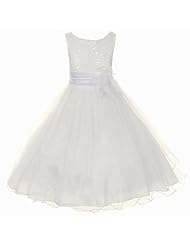 Girls  Sequined Mesh Glittering Beaded Sleeveless Tea Length Two-Toned Flower-Girl Dress  With Ruffles