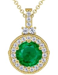 18K Yellow Gold Round Cut Emerald And Round Diamond Pendant