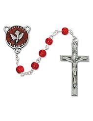 6mm Red Glass Rosary with Enameled Holy Spirit Center, Deluxe Gift Boxed
