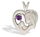 14K White Gold Genuine Round Amethyst Mother with Child Pendant