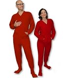 Red Button Foot Fleece All In One Pajamas for Teens and Adults with Drop Seat