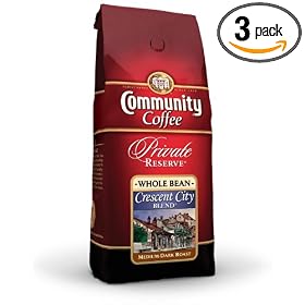 Community Coffee Private Reserve Whole Bean Coffee, Crescent City Blend, 12-Ounce Bags (Pack of 3)