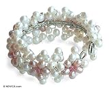 Pearl bracelet, 'Pink Daisy Chain'