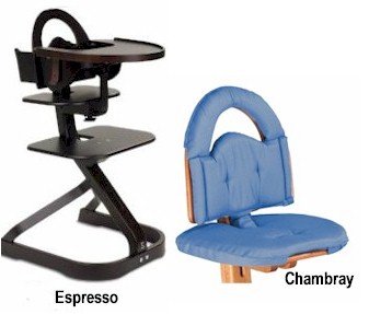 Svan High Chairs from Scandinavian Child with Infant Kit and Cushion, Chambray Cushion with Espresso Wood