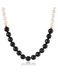 Faceted Black Onyx with White Potato Freshwater Cultured Pearls Gold over Silver Clasp Necklace, 16"