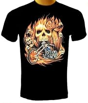 Biker with Skull in Flames Motorcycle T-shirt
