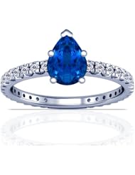 14K White Gold Pear Cut Blue Sapphire Ring With Sidestones
