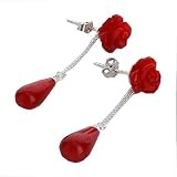 925 Sterling Silver Red Coral Rose Drop Chainlink Earrings