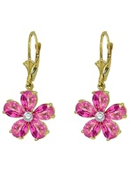 14k Solid Gold Leverback Flower Earrings with Pink Topaz