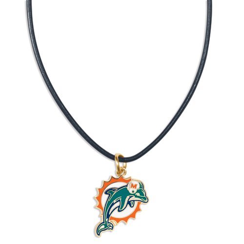 Miami Dolphins Leather Cord Necklace and Enameled Pendant NFL Football Sports Team Logo