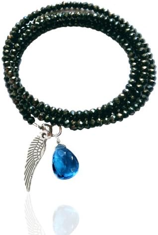 Protective Angel Black Quartz Crystal Bracelet with Angel Wing and Aquamarine Quartz Charm, 27 Inch Long.
