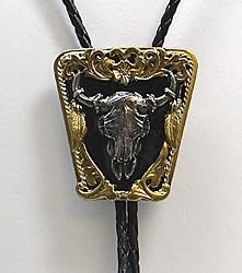 Buffalo Skull Black/Gold Enamel Bolo Tie