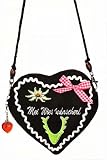 Dirndltasche, Trachten-Tasche für Damen, schwarz-grün, mit hübschen Stickereien und einer Schleife, Herz-Form