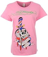 Ed Hardy Womens Rhinestone T-Shirt Skull and Dagger Tattoo Pink