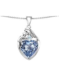 Original Star K (tm) Large Loving Mother With Child Family Pendant With 12mm Heart Simulated Aquamarine in 925 Sterling Silver