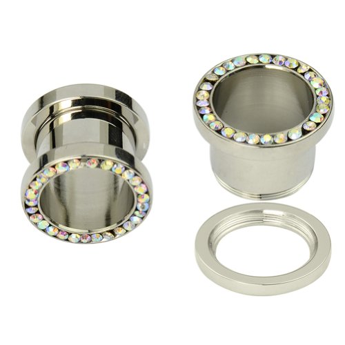 Kadima Body Piercing Jewelry One Pair (2pcs) Stainless Steel Crystal AB CZ Gem Rimmed Screw Fit Ear Flesh Tunnel Plugs - 6G(4MM)
