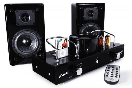 Fatman iTube ValveDock Carbon Edition Audiosystem (Röhrenverstärker, Dock, Lautsprecherpaar) für Apple iPod schwarz
