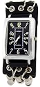 Skeleton Bone Band Rectangular Steel Case Punk Skater Biker Gothic Halloween Black Leather and Metal Skeleton Band with Button Clasp Wrist Watch