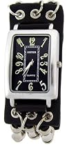 Skeleton Bone Band Rectangular Steel Case Punk Skater Biker Gothic Halloween Black Leather and Metal Skeleton Band with Button Clasp Wrist Watch