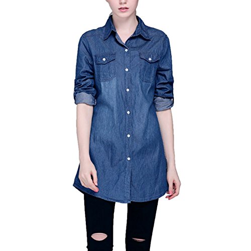 Froomer Women Classic Cowboy Lapel Denim Blouse with Pockets
