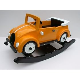 35" Long Yellow Rocking Car with White Wheels/Lamps/Mirrors and Hood