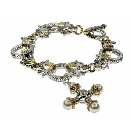 Byzantine Style Pearl Cross Charm Bracelet