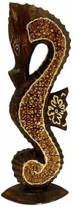 Sea Horse Wood Statue with Egg Shell and Gold Trim Design