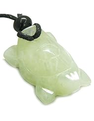 Amulet Lucky Charm Turtle New Green Jade Gemstone Healing and Protection Powers Hand Carved Pendant on Adjustable Cord Necklace