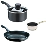 COOKWORKS NON-STICK 4 PIECE SET (1 X SAUCEPAN BLACK 16CM, 1 X STAINLESS STEEL MILK PAN 14CM, 1 X ALUMINIUM NON STICK FRYING PAN 28CM AND GLASS LID)