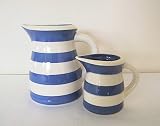 Ronnie's Terramoto Ceramic, Medium Pitcher 1.5 Quart and Creamer, Royal Blue Wide Stripes