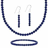 Sterling Silver 4mm Genuine Lapis Stone Bead Beaded Dangle Hook Earrings Stretch Bracelet Necklace 15-19 Jewelry Set