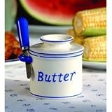 L Tremain BBWBLU2 Butter Bell Crock - White with Blue Trim and Blue Spreader