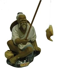 Chinese fisherman, sitting with fishing pole - white outfit, hand glazed ceramic