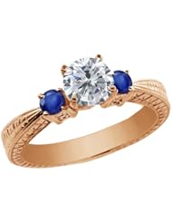 1.26 Ct Round H/I Diamond Blue Sapphire 925 Rose Gold Plated Silver 3-Stone Ring
