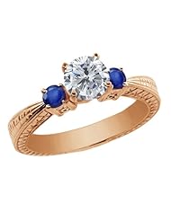 1.26 Ct Round H/I Diamond Blue Sapphire 18K Rose Gold 3-Stone Ring