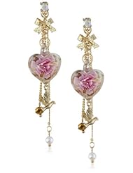 Betsey Johnson "Glass Heart Boost" Pink Flower Glass Heart Multi-Chain Drop Earrings