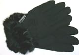 Dypel High Tech Waterproof Microfiber Lined Black Luxurious Looking Ski Gloves Hand Trimmed with Fine Rabbit Fur for Women and Teens