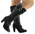 New Womens Leather Style Adjustable Calf Heel Buckle Boots