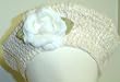 B121, Hand Crocheted Ivory Chenille with Gimp Tweed Beret with One White Silk Flower for Infant Todlers