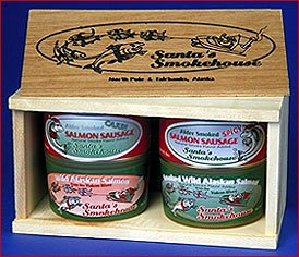 Four can smoked Alaska salmon in a beautiful wooden gift box by Interior Alaska Fish Processors, Inc.
