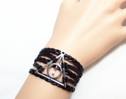 Made In USA (B-0145) Silver tone Deathly Hallows Symbol Harry Potter Black Friendship Bracelet