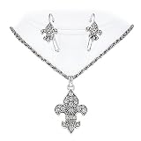 Crystal Fleur De Lis Charm Necklace and Earrings Set Fashion Jewelry
