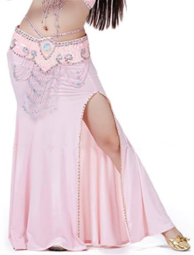Tragarse Belly Dance Upscale Beaded Solid Color Single Slit Side Long Skirts (Pink)